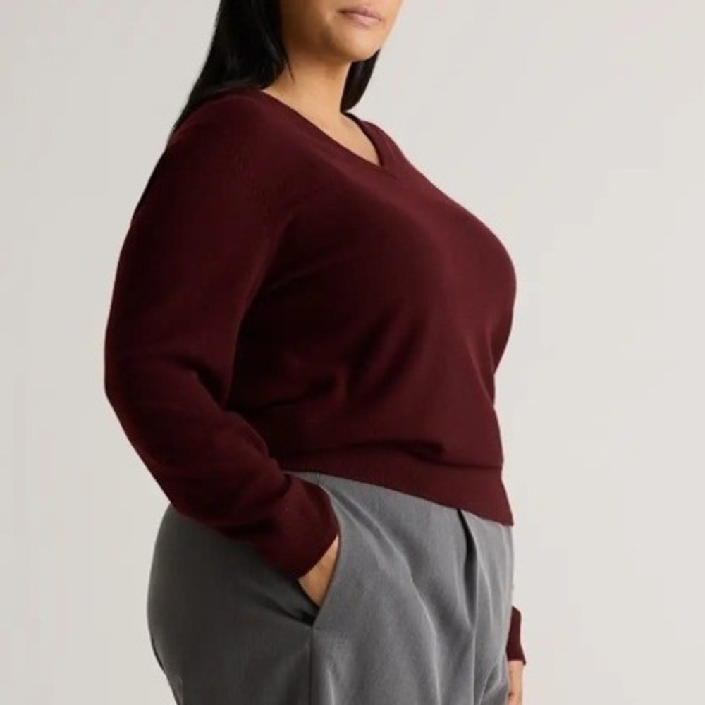 Quince Sweater Women 3X Burgundy Mongolian Cashmere V-Neck Pullover Quiet Luxury